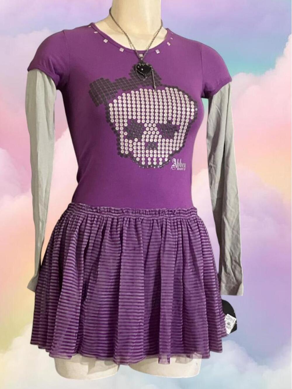 NWT Abbey Dawn purple skull dress with white horizontal striped Tulle skirt